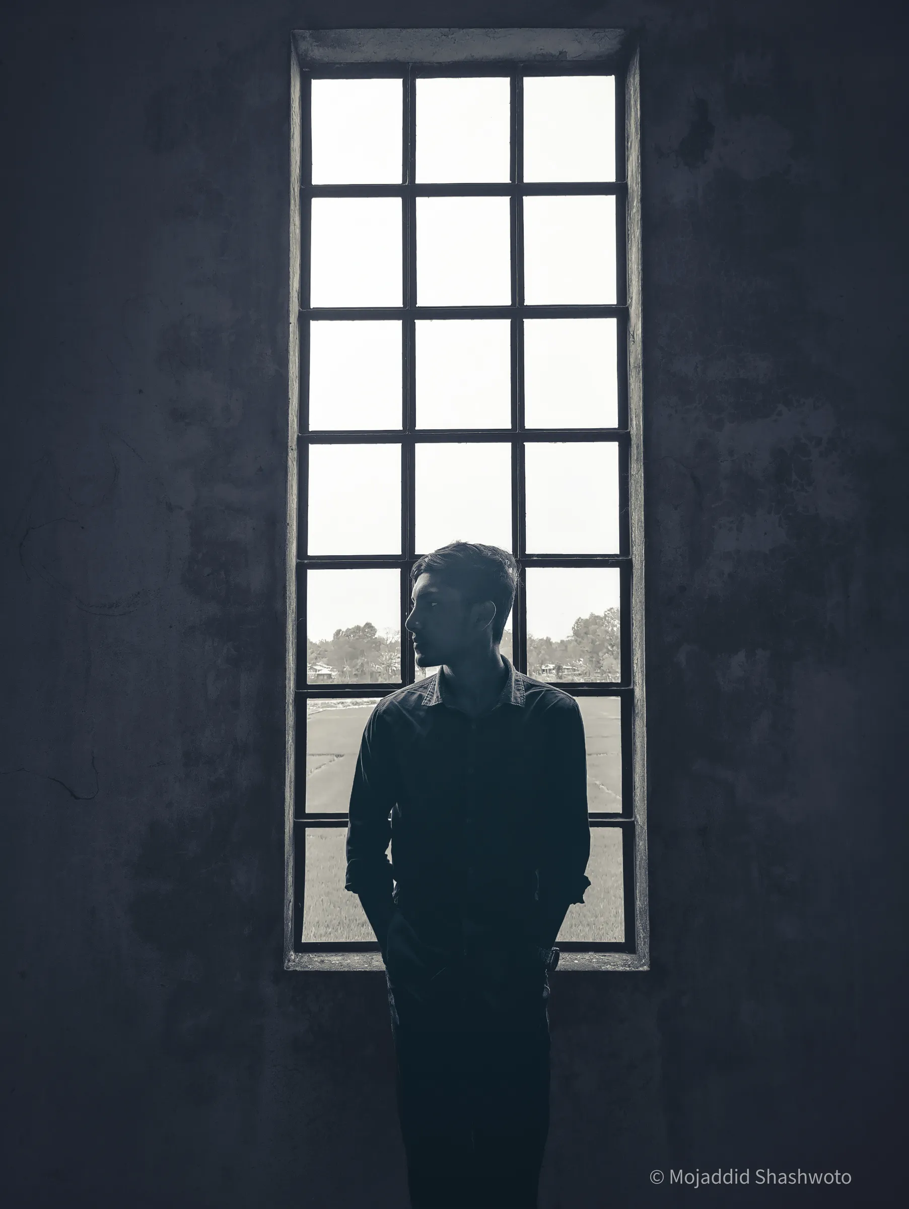 Profile portrait framed against a tall architectural window in natural backlight