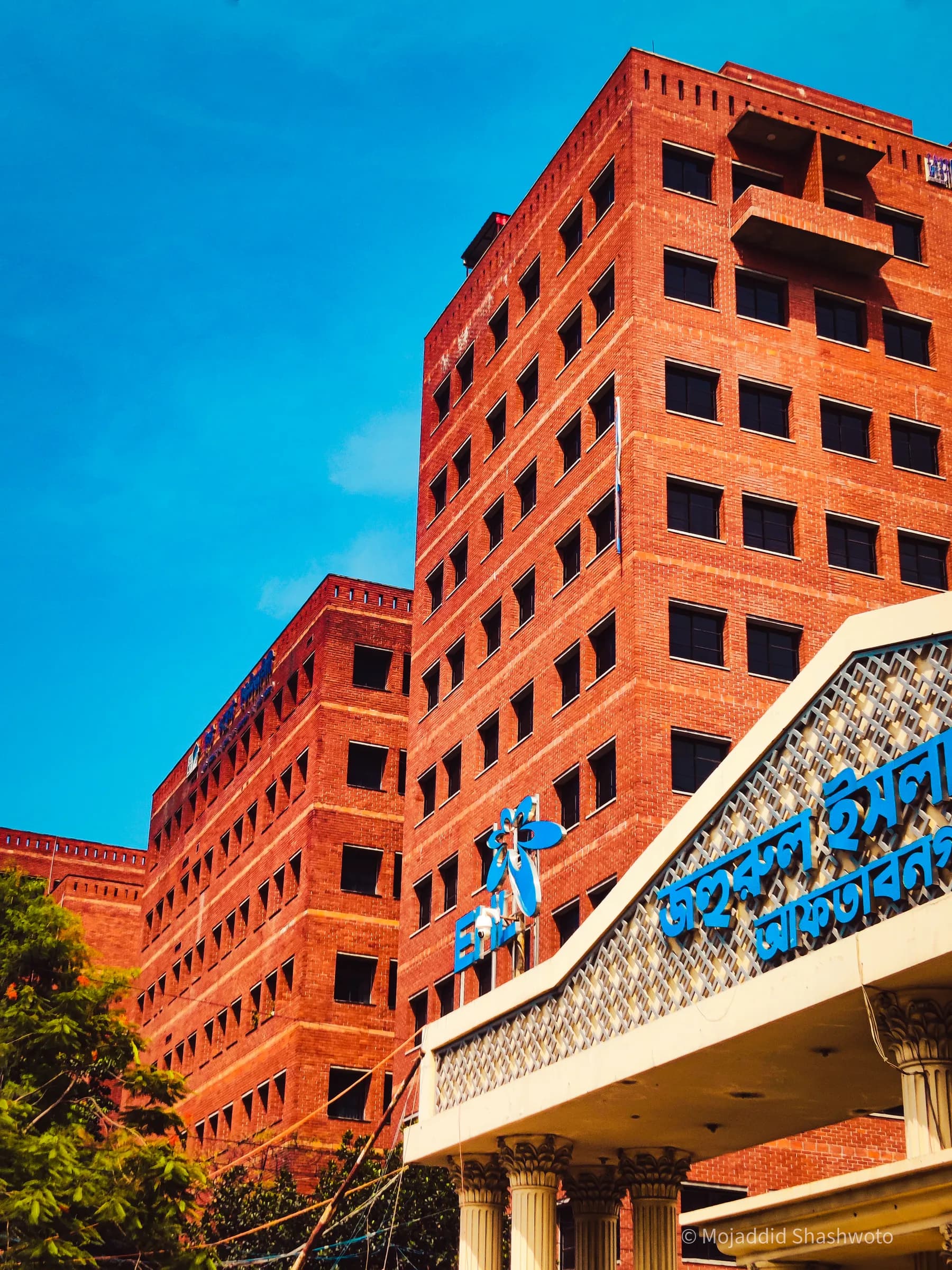 Multi-story red brick buildings with repetitive square windows under clear blue sky