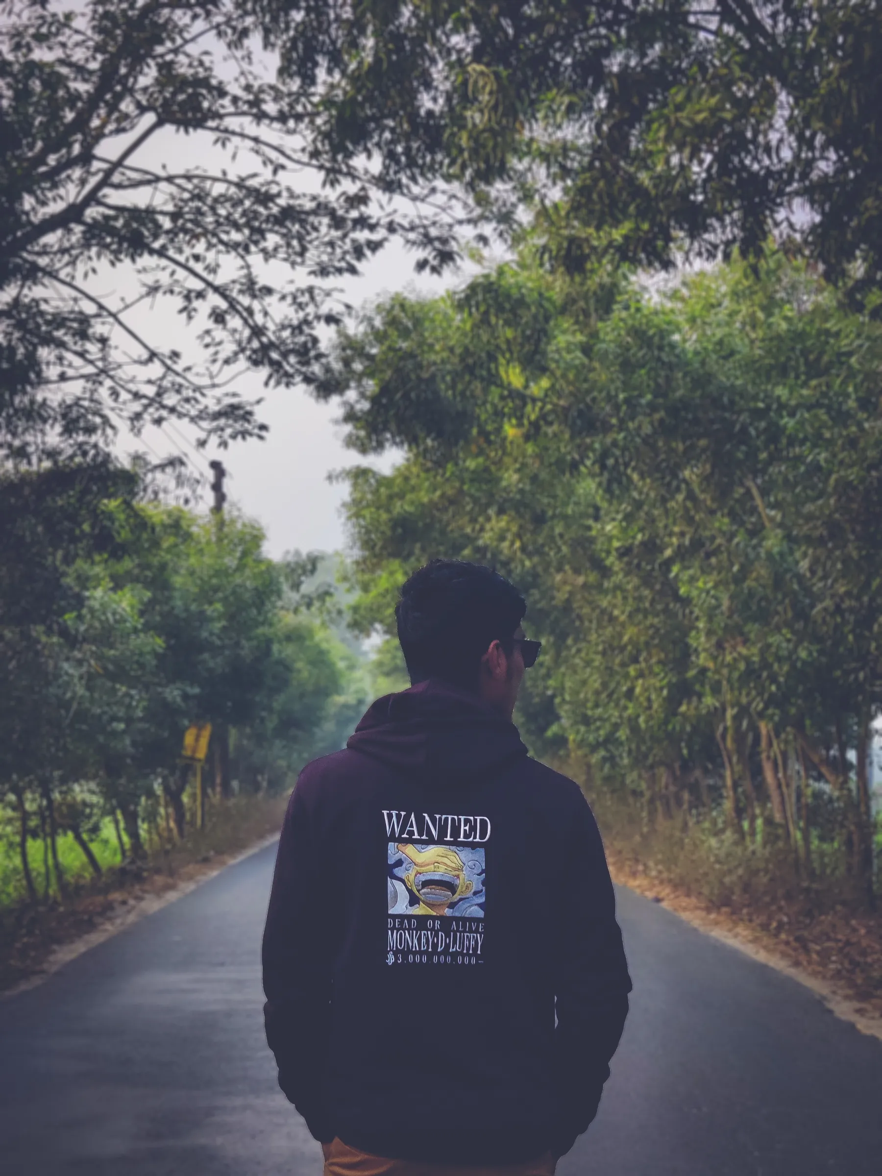Young man walking away down a tree-canopied road receding into distance