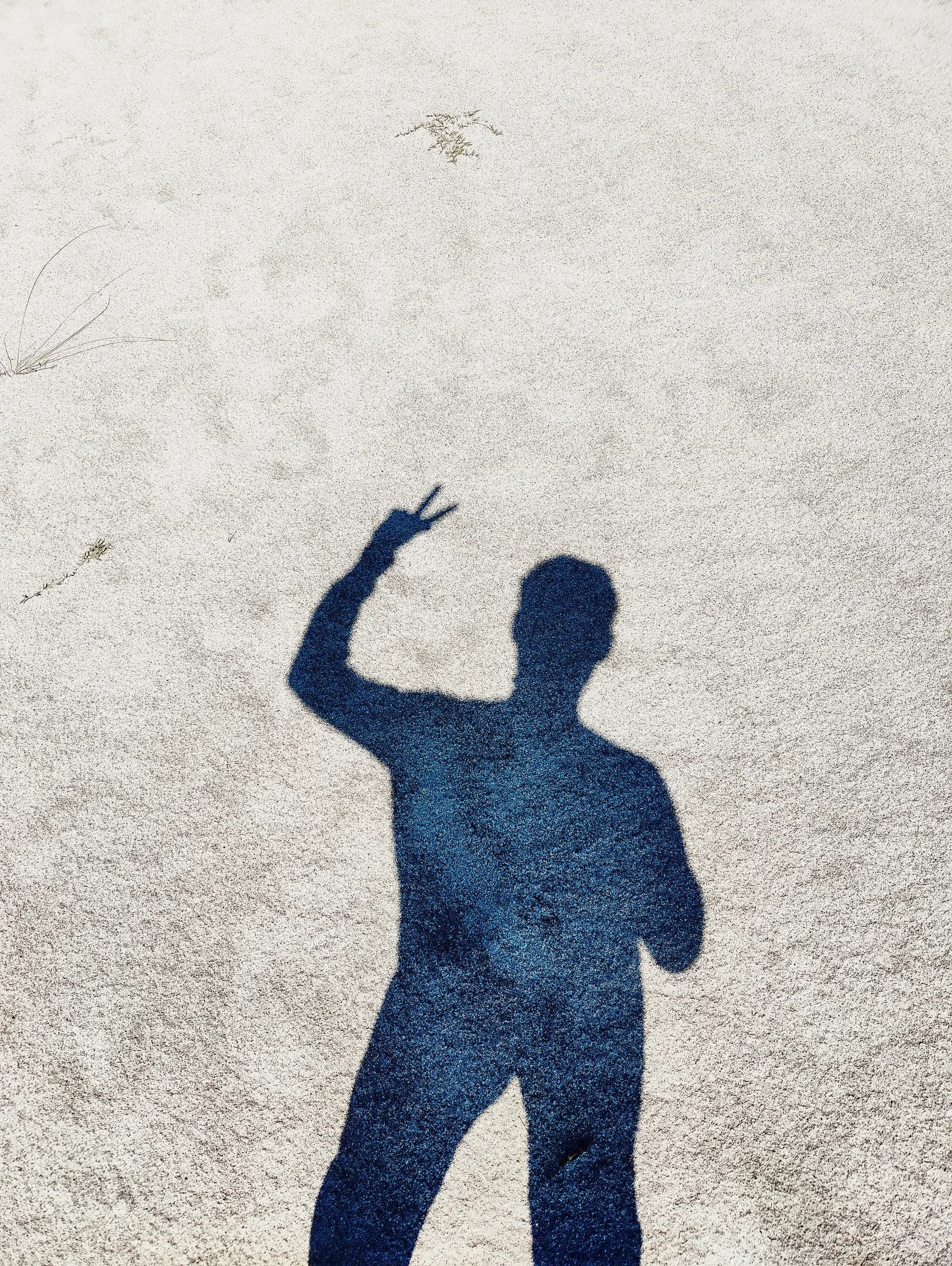 Mojaddid Shashwoto casting a shadow with a peace sign on sand